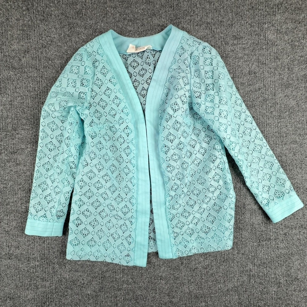 Vintage JCPenney Jacket Womens Medium Blue Lace Open Front Lightweight Sheer